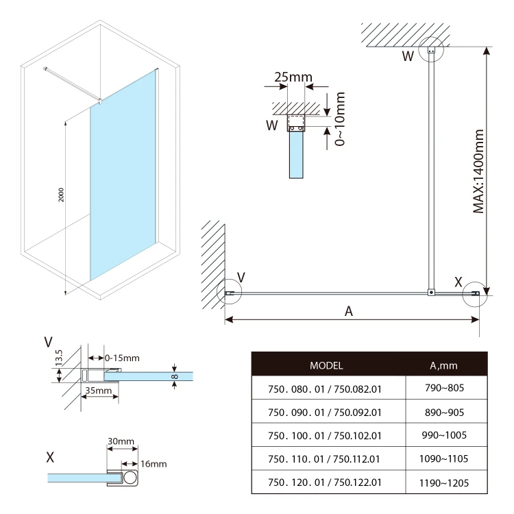 Rysunek techniczny - SPITZA kabina prysznicowa WALK-IN, 1000mm, szkło matowe