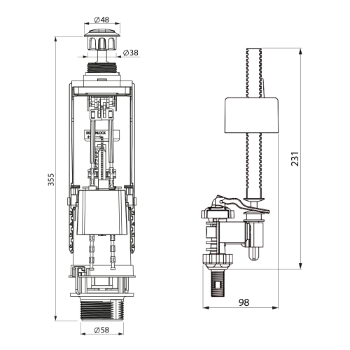 Rysunek techniczny - Mechanizm spłukujący z DUAL przyciskiem, napełnianie od dołu 1/2", chrom