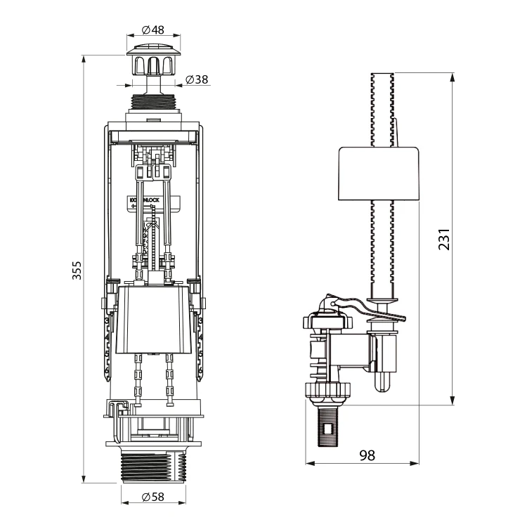 Rysunek techniczny - Mechanizm spłukujący z DUAL przyciskiem, napełnianie od dołu 1/2", chrom