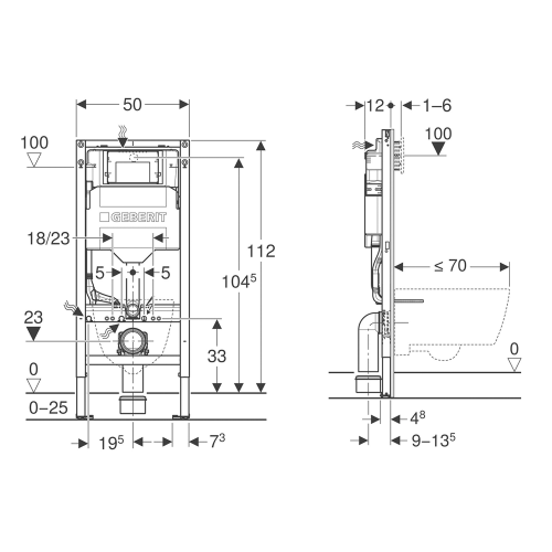 Rysunek techniczny - GEBERIT DUOFIX spłuczka podtynkowa Sigma 12cm, zabudowa lekka