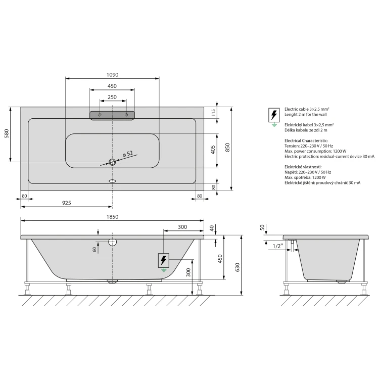 Rysunek techniczny - CASCATA wanna z hydromasażem, 185x85x45cm, kaskada czarna, Active Hydro-Air, chrom