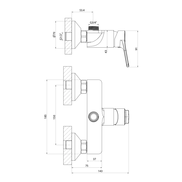 Rysunek techniczny - SINTRA bateria ścienna 3/4” z elastyczną wylewką, czarny/chrom
