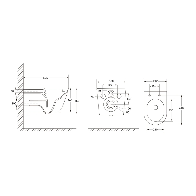 Rysunek techniczny - DENICA WC misa wisząca, Vortex Rimless, 36x52cm, biały