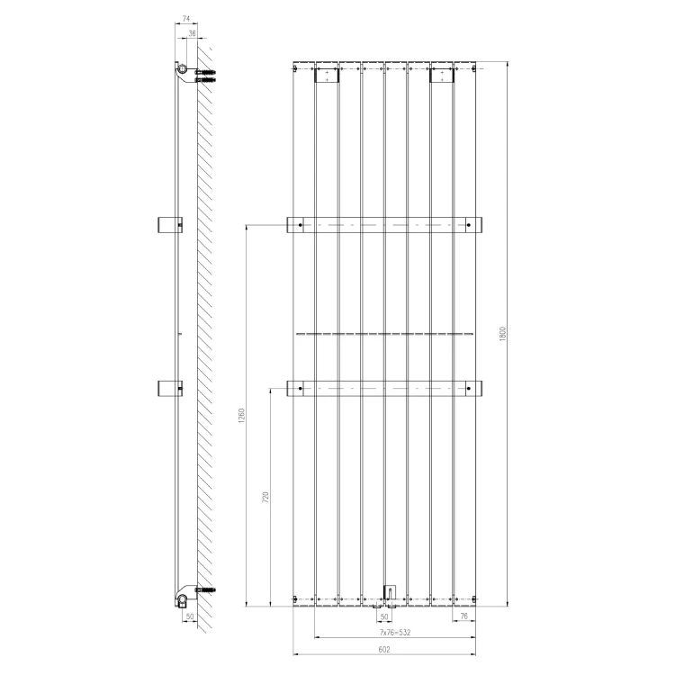 Rysunek techniczny - COLONNA grzejnik łazienkowy 602x1800mm, piaskowiec