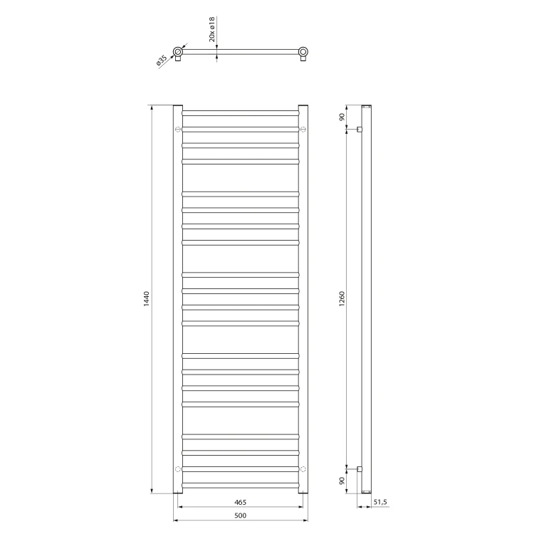 Rysunek techniczny - DINA grzejnik łazienkowy 500x1440mm, czarny mat