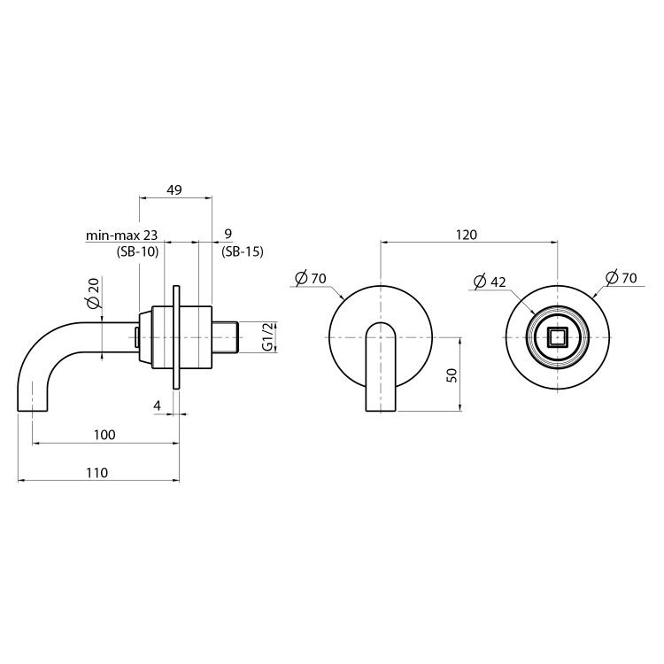 Rysunek techniczny - ULTRAMIX korpus baterii podtynkowej umywalkowej 2-elementowej, główka wylewki 10cm, chrom