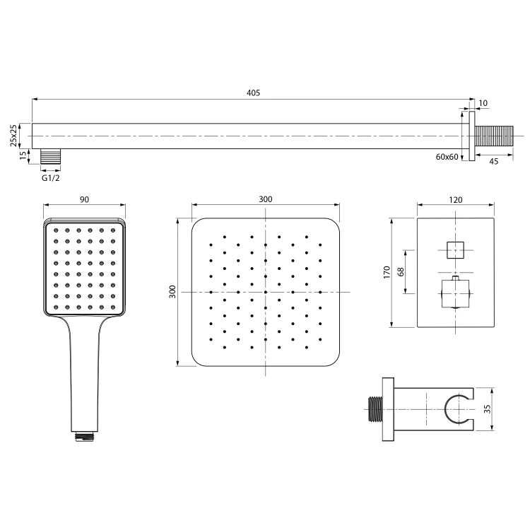 Rysunek techniczny - Zestaw prysznicowy z baterią podtynkową, termostat, 2 wyjścia, box podtynkowy, czarny mat