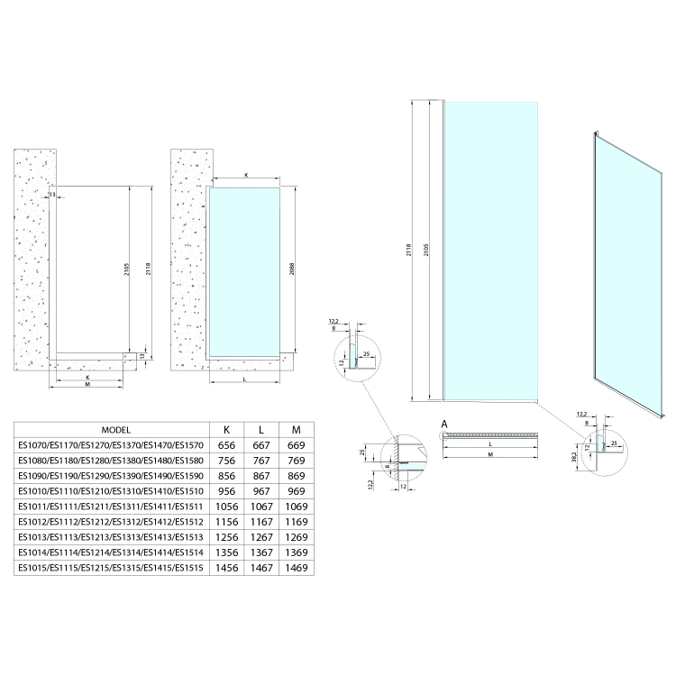 Rysunek techniczny - ARCHITEX zestaw do mocowania szkła podłoga-ściana-suft z listwą spadkową, 1615x2105mm, lewy, polerowany aluminium