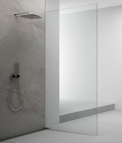 ARCHITEX zestaw do mocowania szkła podłoga-ściana-suft z listwą spadkową, 1615x2105mm, prawy, polerowany aluminium