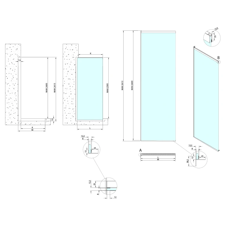 Rysunek techniczny - ARCHITEX zestaw do mocowania szkła podłoga-ściana-sufit z listwą spadkową, 1615x2600mm, lewy, polerowany aluminium