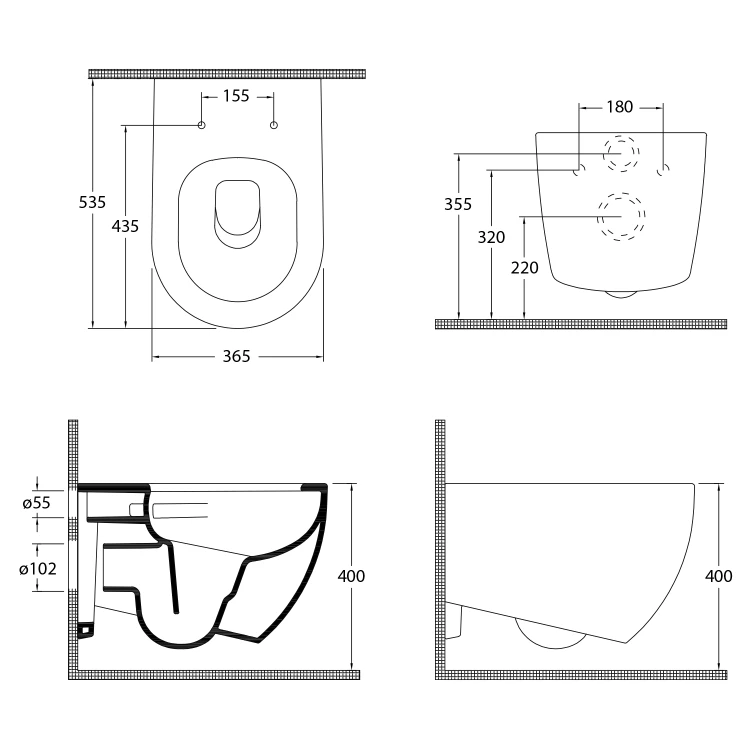 Rysunek techniczny - INFINITY miska WC wisząca, Vortex Rimless, 36,5x53cm, biały