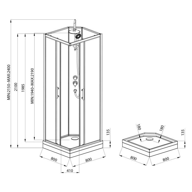 Rysunek techniczny - GRANVIK boks prysznicowy półokrągły 800x800x2180mm, szkło czyste