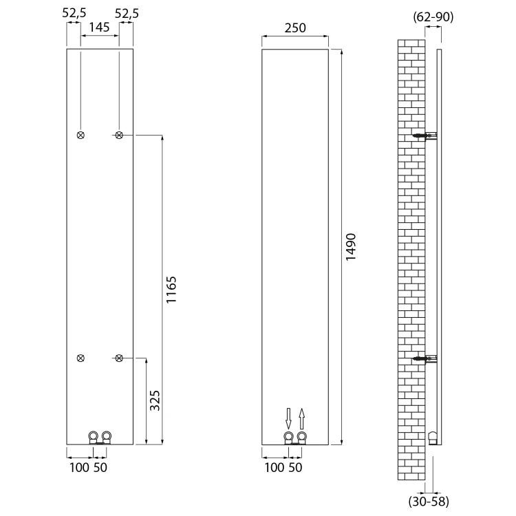 Rysunek techniczny - SMARTELLA grzejnik 250x1490mm, biały mat