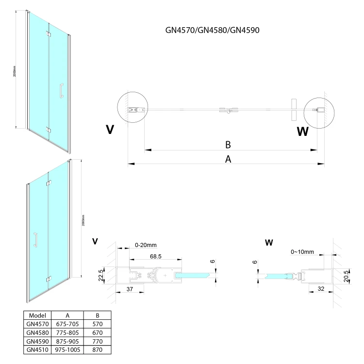 Rysunek techniczny - LORO drzwi prysznicowe składane 1000mm, szkło czyste