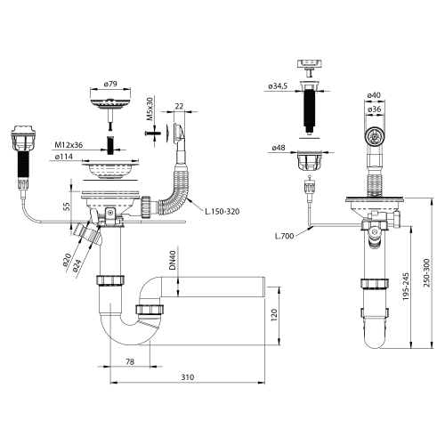 Rysunek techniczny - Syfon zlewozmywakowy z przelewem, sterowaniem i kranem, 6/4", z odpływem, DN40