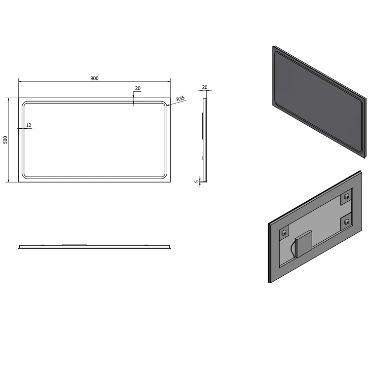 Rysunek techniczny - GEMINI lustro z LED oświetleniem 90x50cm