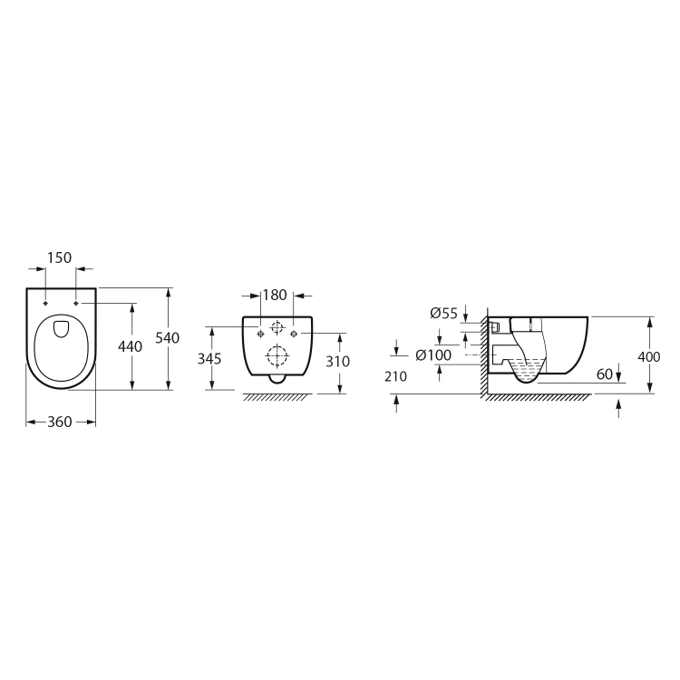 Rysunek techniczny - GLANZ WC misa wisząca, Vortex Rimless, 36x54cm, biały