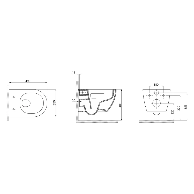 Rysunek techniczny - LUNA WC wiszące, Vortex Rimless, 35,5x49cm, biały