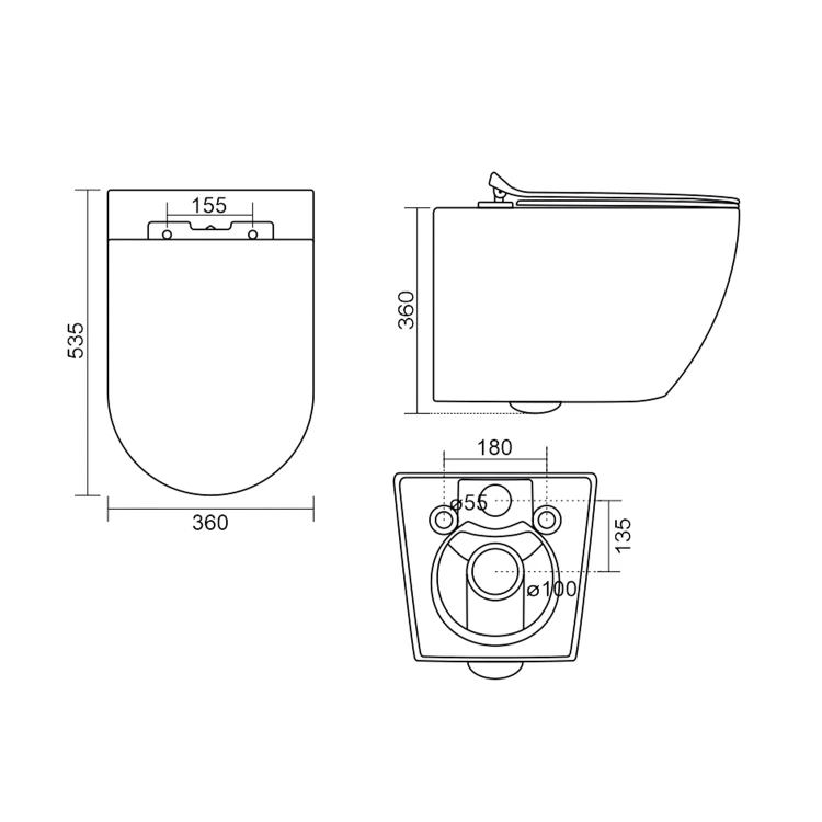Rysunek techniczny - CARLO WC misa wisząca, Vortex Rimless, 36x53cm, biały