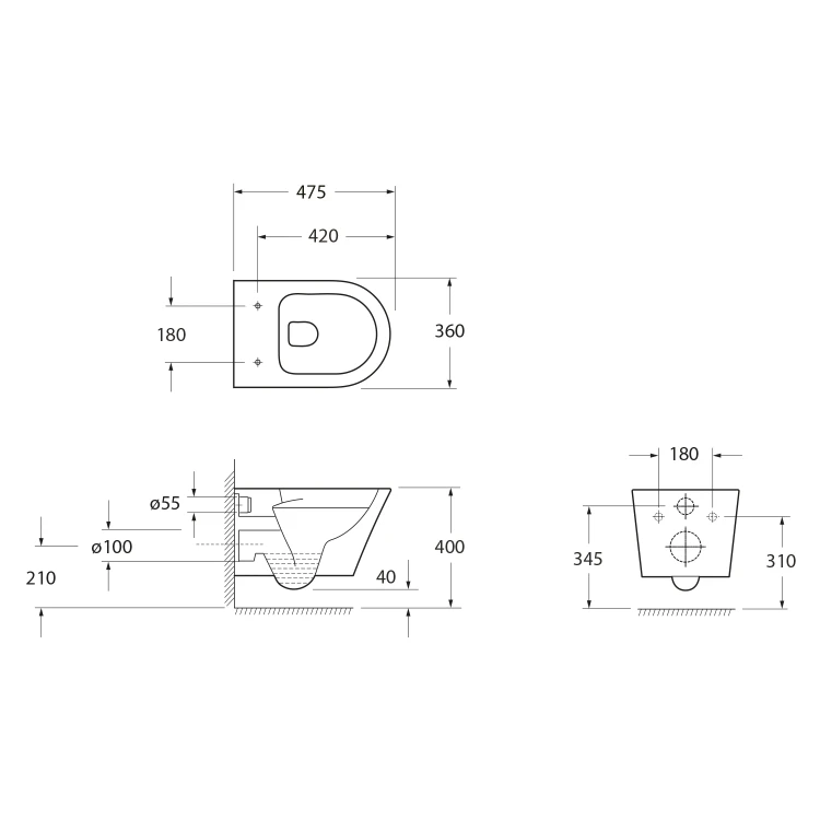 Rysunek techniczny - PACO SHORT WC wiszące, Rimless, 36x47,5cm, biały
