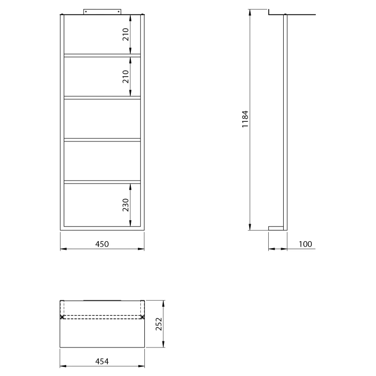 Rysunek techniczny - SKA ścienny wieszak na ręczniki z półką 454x1184x252mm, biały mat