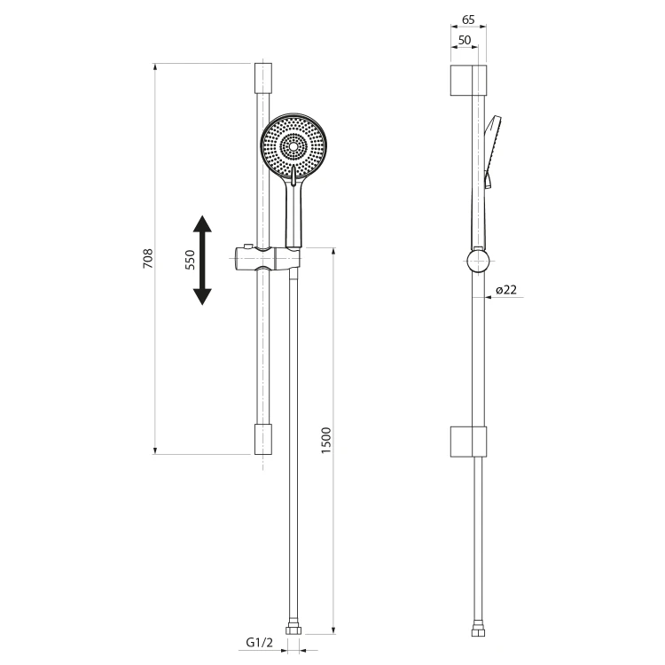 Rysunek techniczny - Zestaw prysznicowy, uchwyt przesuwny 708mm, miedź mat