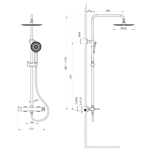 Rysunek techniczny - ICONIC zestaw prysznicowy z baterią dźwigniową, miedź mat