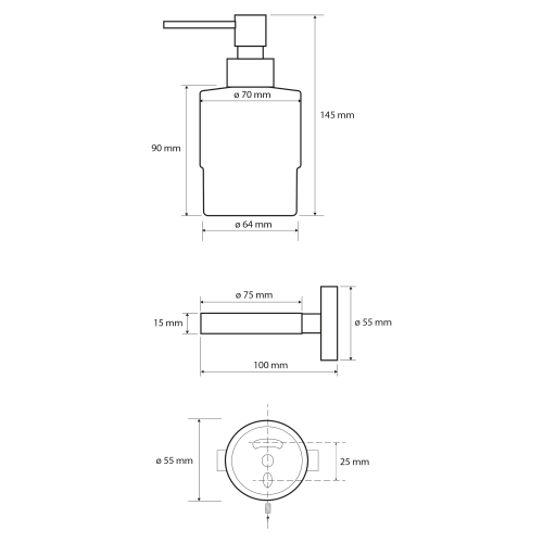 Rysunek techniczny - X-ROUND COPPER dozownik mydła 200ml, szkło mleczne, miedź mat