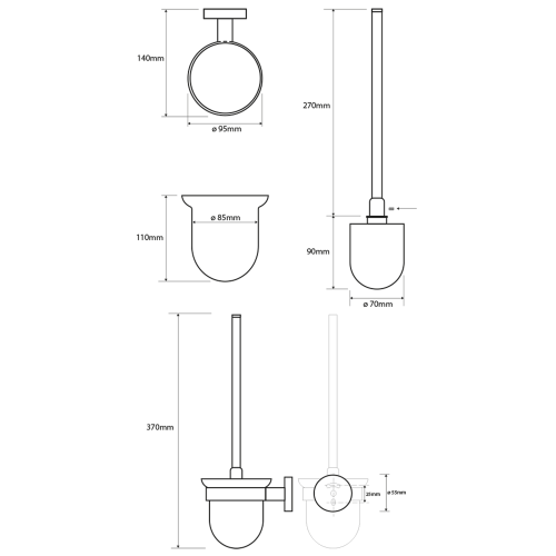 Rysunek techniczny - X-ROUND COPPER wisząca szczotka do WC, szkło mleczne, miedź mat