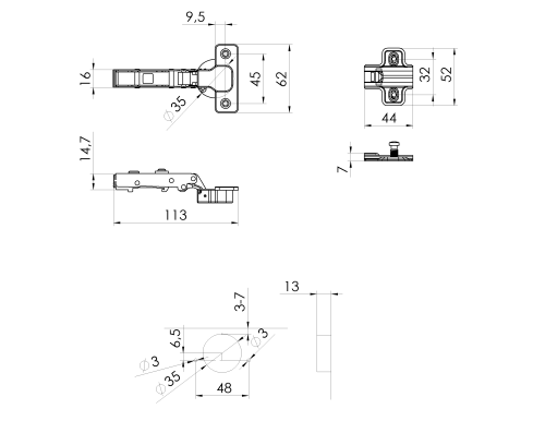 Rysunek techniczny - Zawias meblowy z podkładką, nakładany, soft close