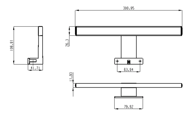 Rysunek techniczny - SERAPA LED oświetlenie, 5W, 230V, 300x40x100mm, IP44, plastik, czarny mat