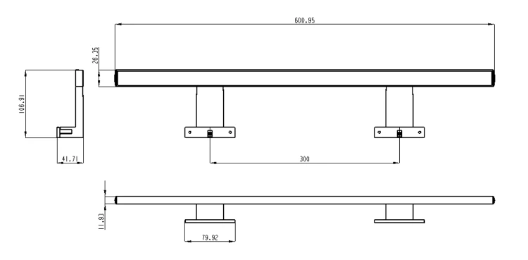 Rysunek techniczny - SERAPA LED oświetlenie, 9W, 230V, 600x40x100mm, IP44, aluminium, czarny mat