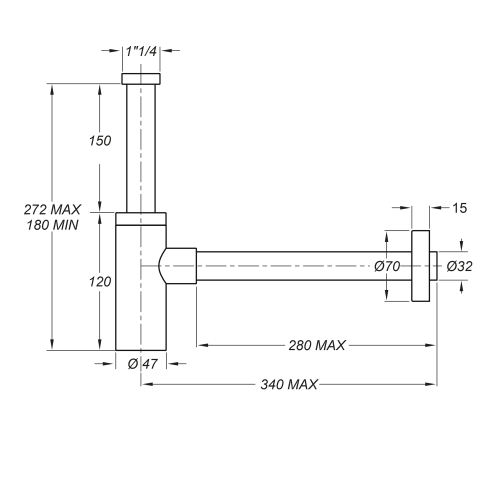 Rysunek techniczny - Syfon umywalkowy 5/4", odpływ 32mm, okrągły, złoto mat