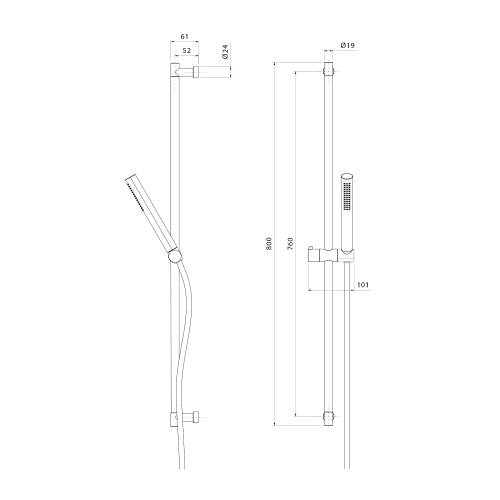 Rysunek techniczny - Zestaw prysznicowy, uchwyt przesuwny, 800mm, złoto mat