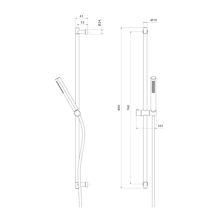 Rysunek techniczny - Zestaw prysznicowy, uchwyt przesuwny, 800mm, złoto mat