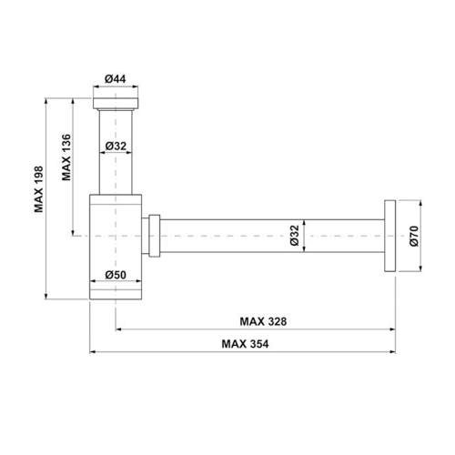 Rysunek techniczny - Syfon umywalkowy 5/4", odpływ 32mm, okrągły, złoto mat