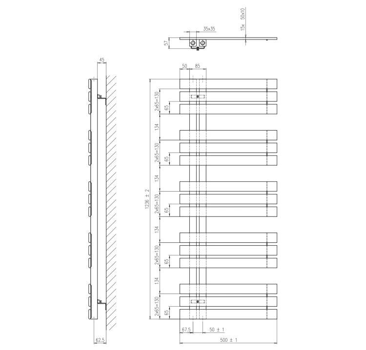 Rysunek techniczny - SILVANA grzejnik 500x1236 mm, srebro metaliczne