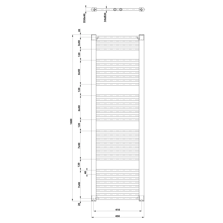 Rysunek techniczny - DIRECT grzejnik z bocznym przyłączem 450x1680mm, czarny mat