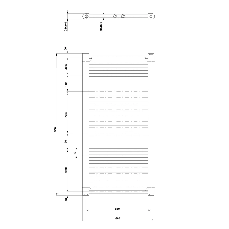Rysunek techniczny - DIRECT grzejnik z bocznym przyłączem 600x960mm, czarny mat