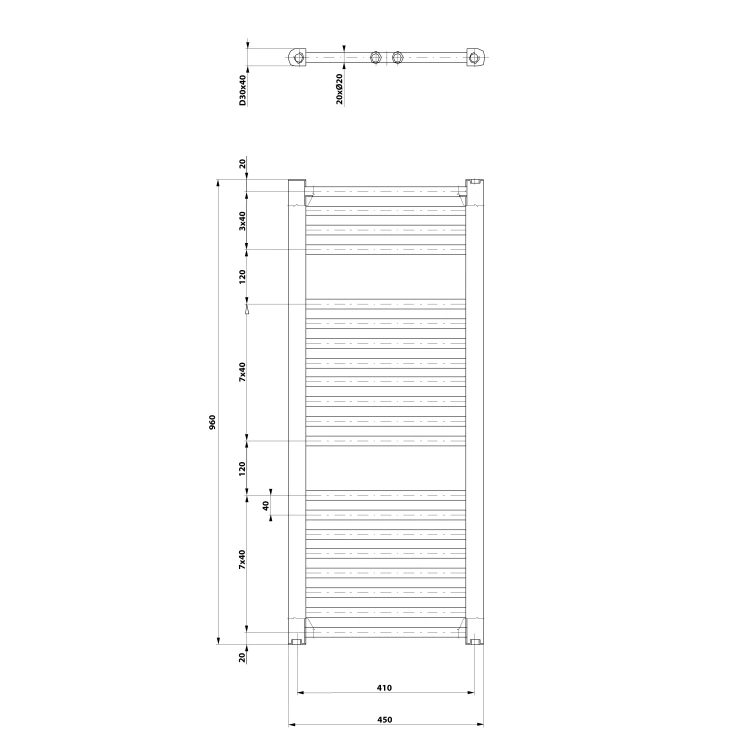 Rysunek techniczny - DIRECT grzejnik z bocznym przyłączem 450x960mm, czarny mat
