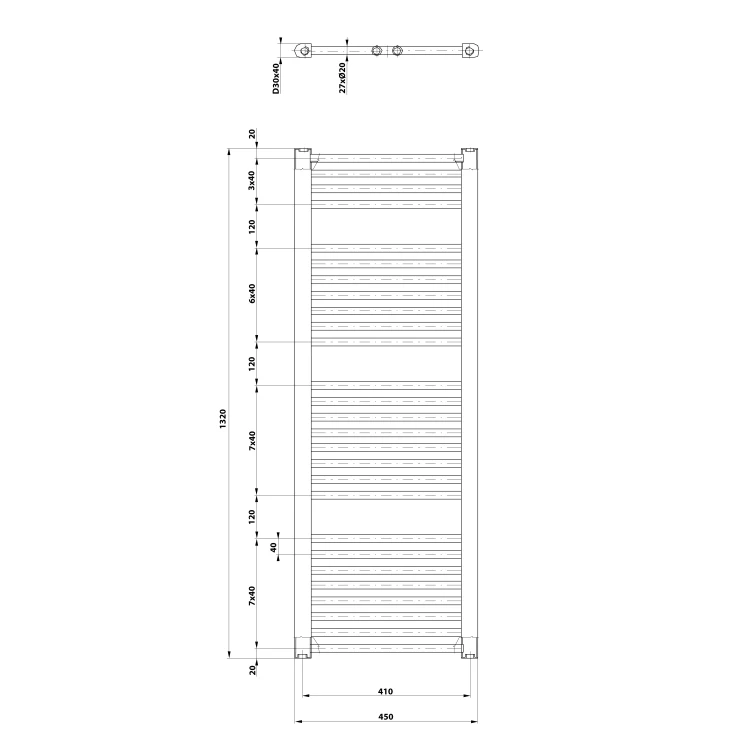 Rysunek techniczny - DIRECT grzejnik z bocznym przyłączem 450x1320mm, czarny mat