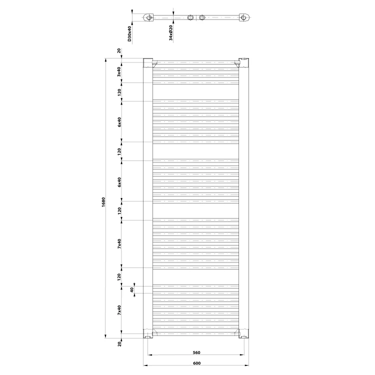Rysunek techniczny - DIRECT grzejnik łazienkowy DIRECT grzejnik z bocznym przyłączem 600x1680mm, czarny mat