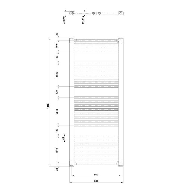 Rysunek techniczny - DIRECT grzejnik z bocznym przyłączem 600x1320mm, czarny mat