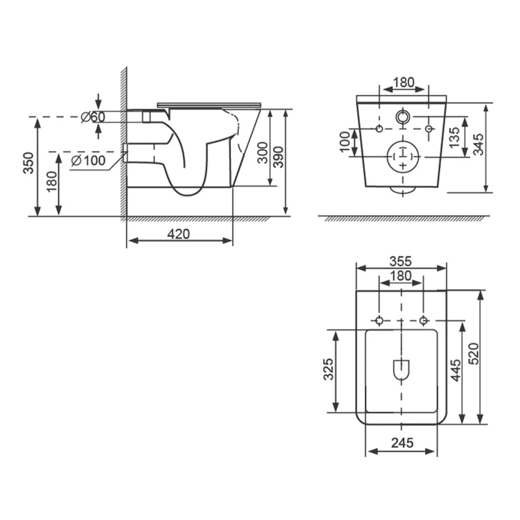 Rysunek techniczny - PORTO WC wiszące, Vortex Rimless, 35,5x52cm, biały