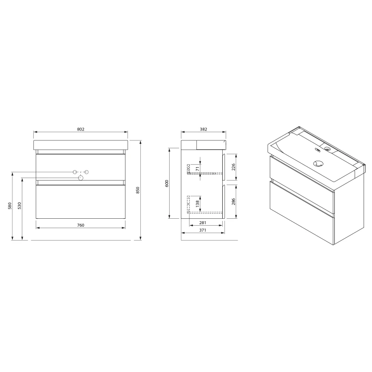 Rysunek techniczny - ALTAIR szafka umywalkowa 76x60x37cm, biały