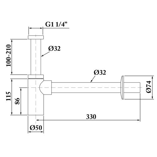 Rysunek techniczny - Syfon umywalkowy 5/4", odpływ 32mm, okrągły, gun metal