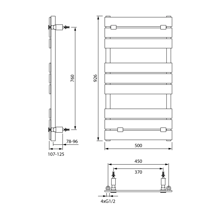 Rysunek techniczny - BONDECO grzejnik łazienkowy 500x923mm, czarny mat