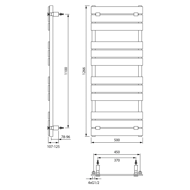 Rysunek techniczny - BONDECO grzejnik łazienkowy 500x1266mm, czarny mat