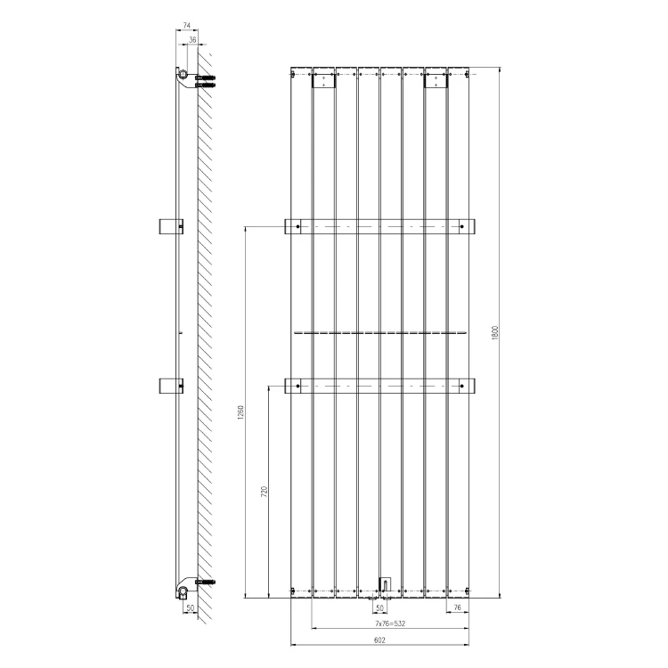 Rysunek techniczny - COLONNA grzejnik 602x1800mm, srebro metalik