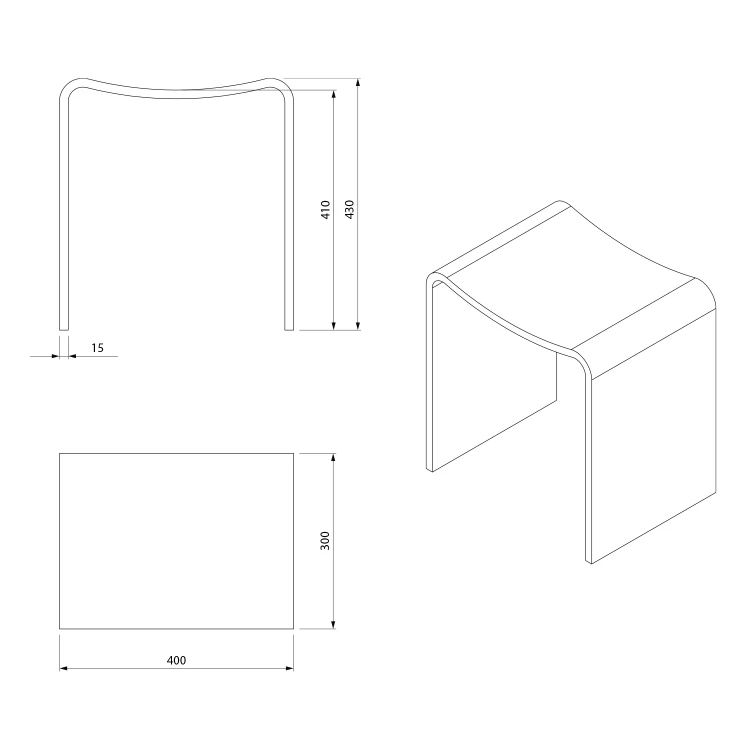 Rysunek techniczny - KORAL taboret łazienkowy 40x43x30cm, solid surface, biały mat